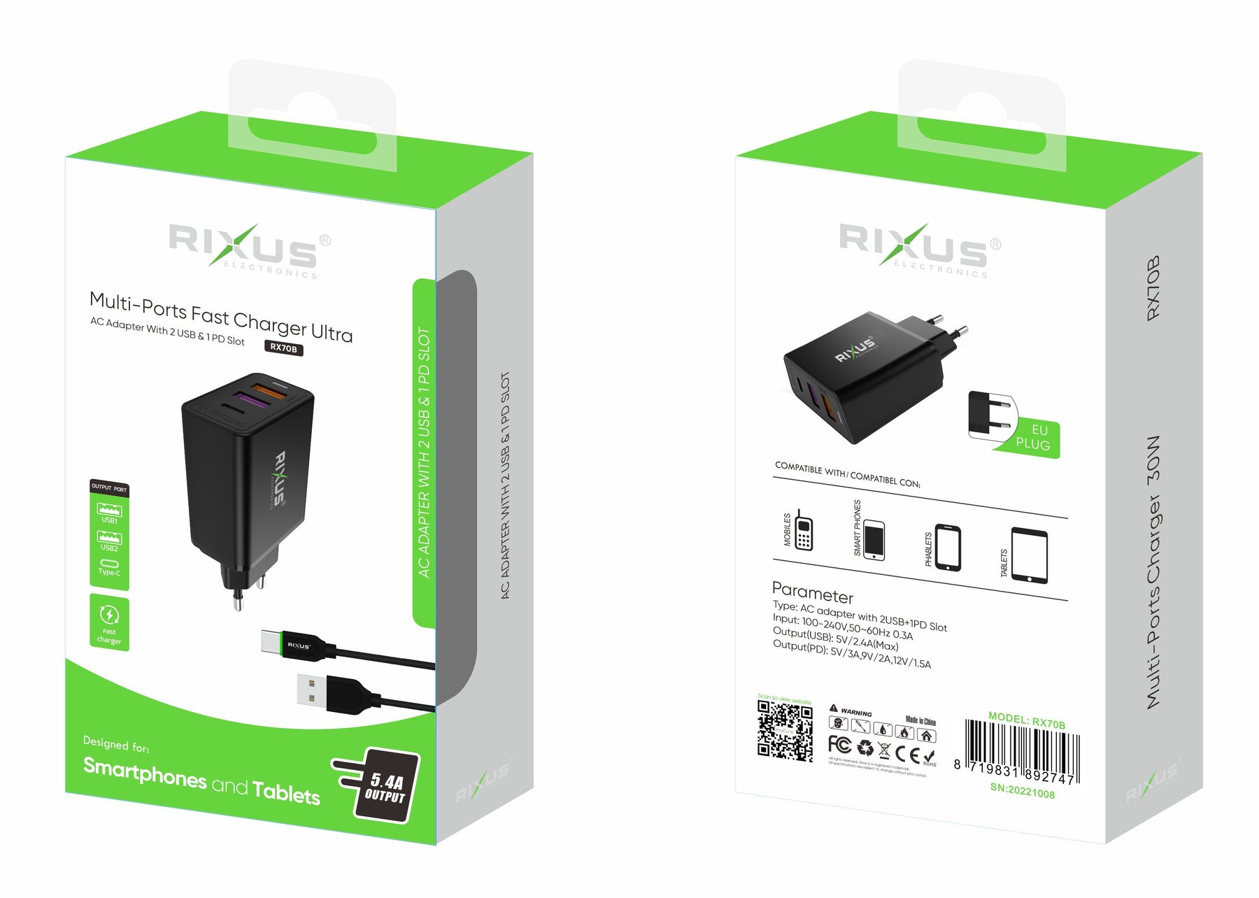 Rixus RX70B Dual USB And PD Charger With USB To Type-C Cable 30W Black