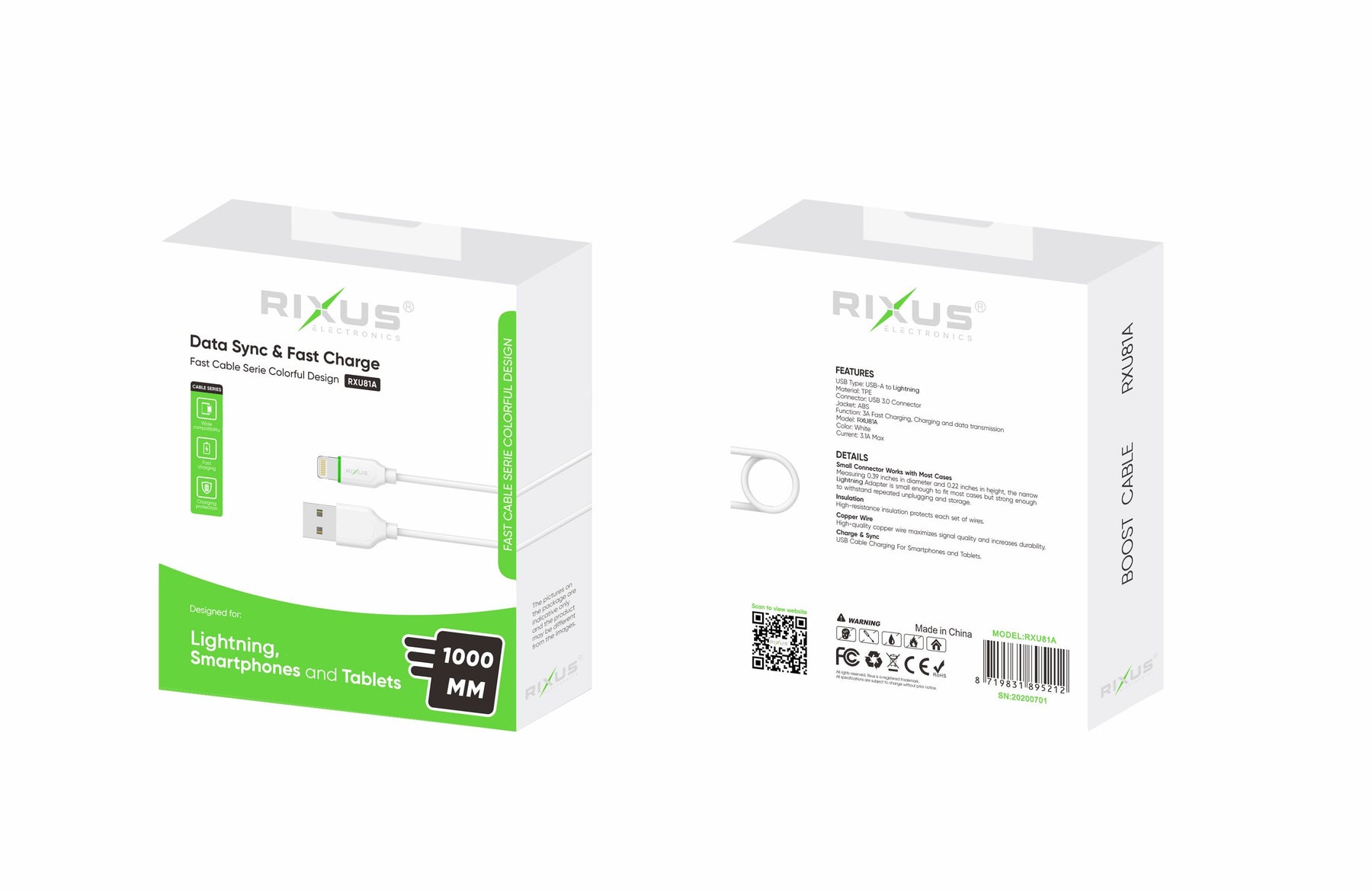 Rixus RXU81A Boost Data Cable Lightning 100CM White