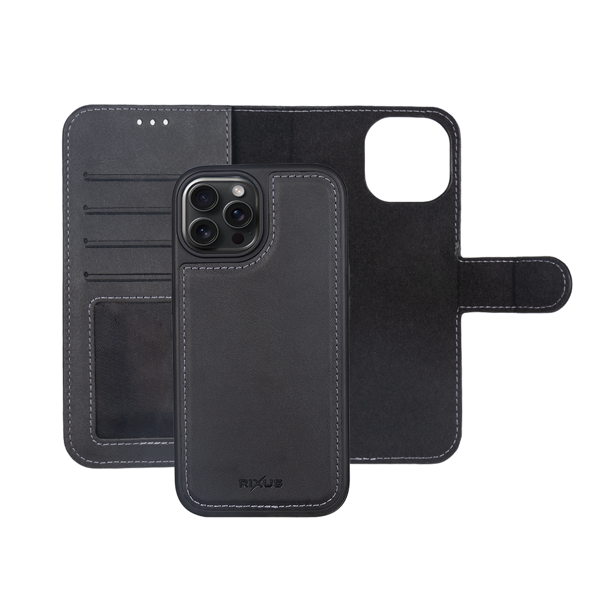 Rixus For iPhone 14 Pro Max Duo Magnetic Detachable Wallet Black