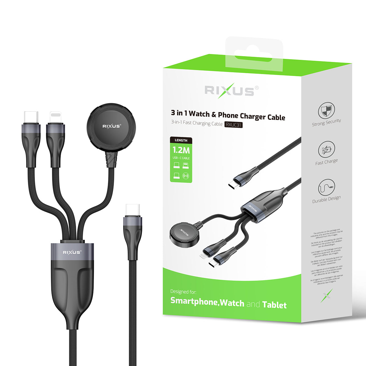 Rixus RXUC31 3 in 1 Watch And Phone Charger Cable 120CM Black