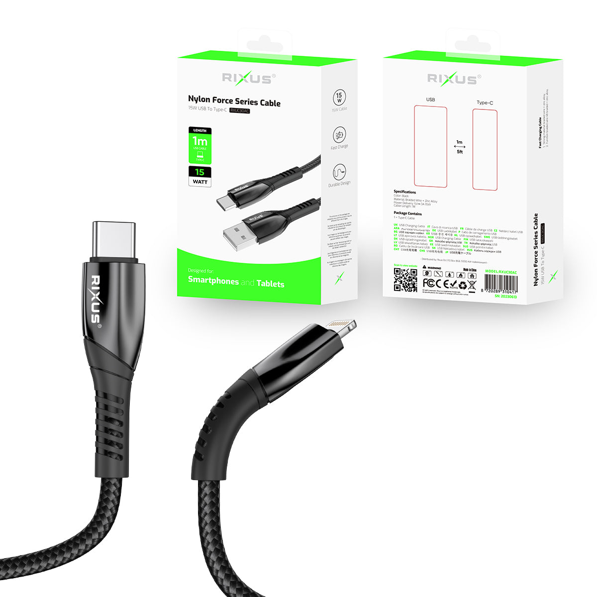 Rixus RXUC30L Alloy USB-C To Lightning Data Cable 100CM Black
