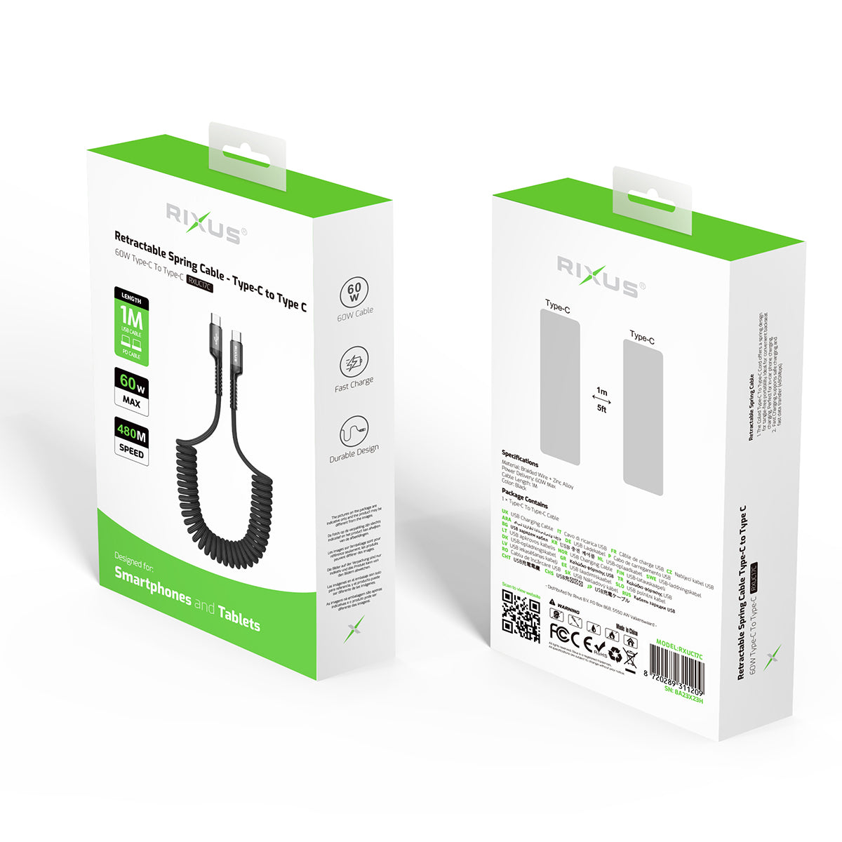 Rixus RXUC17C Retractable Spring Cable Type-C to Type-C 100CM Black