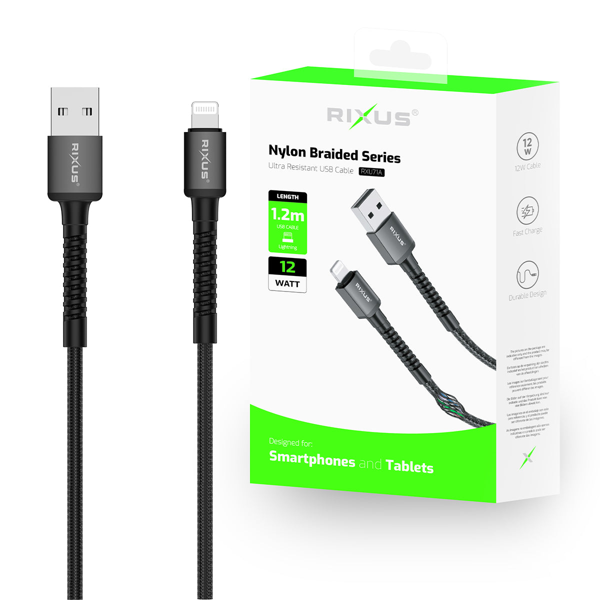 Rixus RXU71A Nylon Braided USB To Lightning Cable 120CM Black