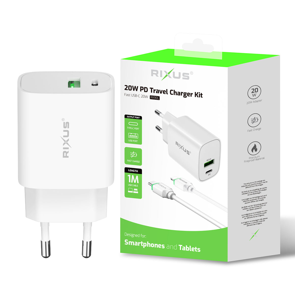 Rixus RX90L Adapter With USB-C To Lightning Cable 100CM 20W White