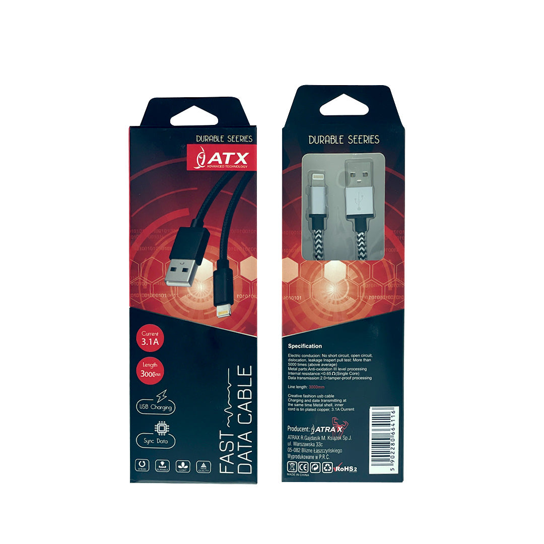 ATRAX USB ATX Cable Braided USB To Lightning 3M Silver