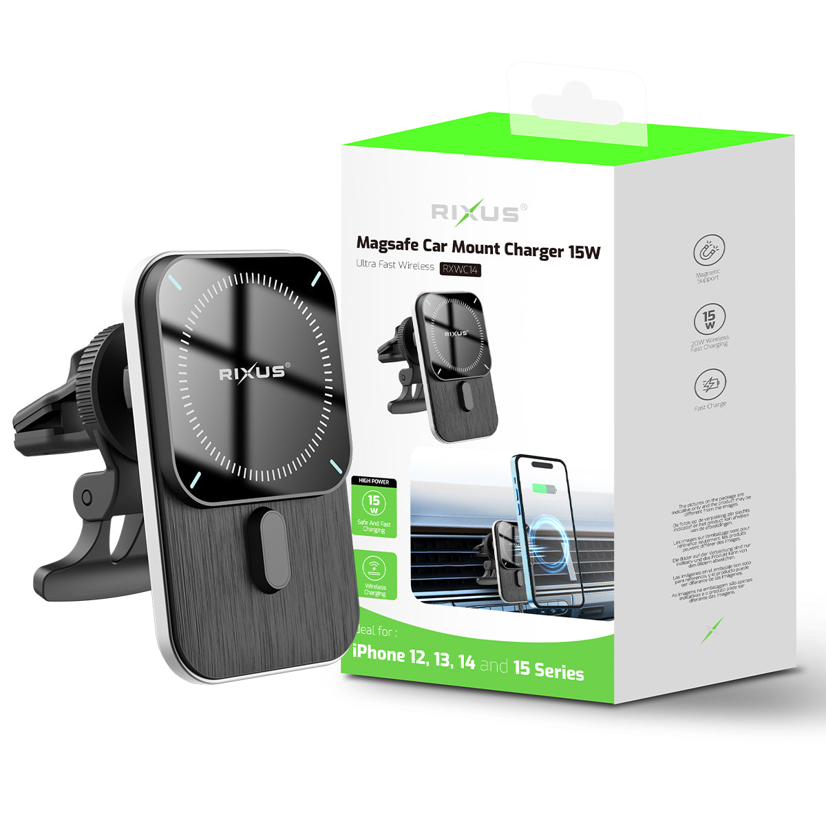 Rixus RXWC14 Wireless Car Charger with MagSafe Compatibility 15W Space Gray