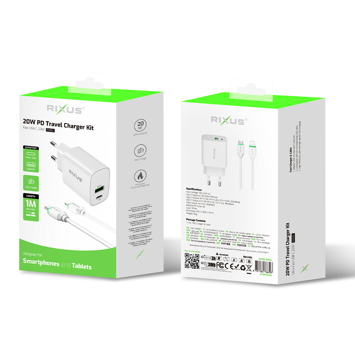 Rixus RX90L Adapter With USB-C To Lightning Cable 100CM 20W White