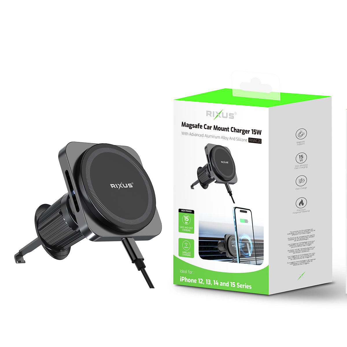 Rixus RXWC20 Wireless Car Charger for Magsafe Car Mount 15W Space Gray