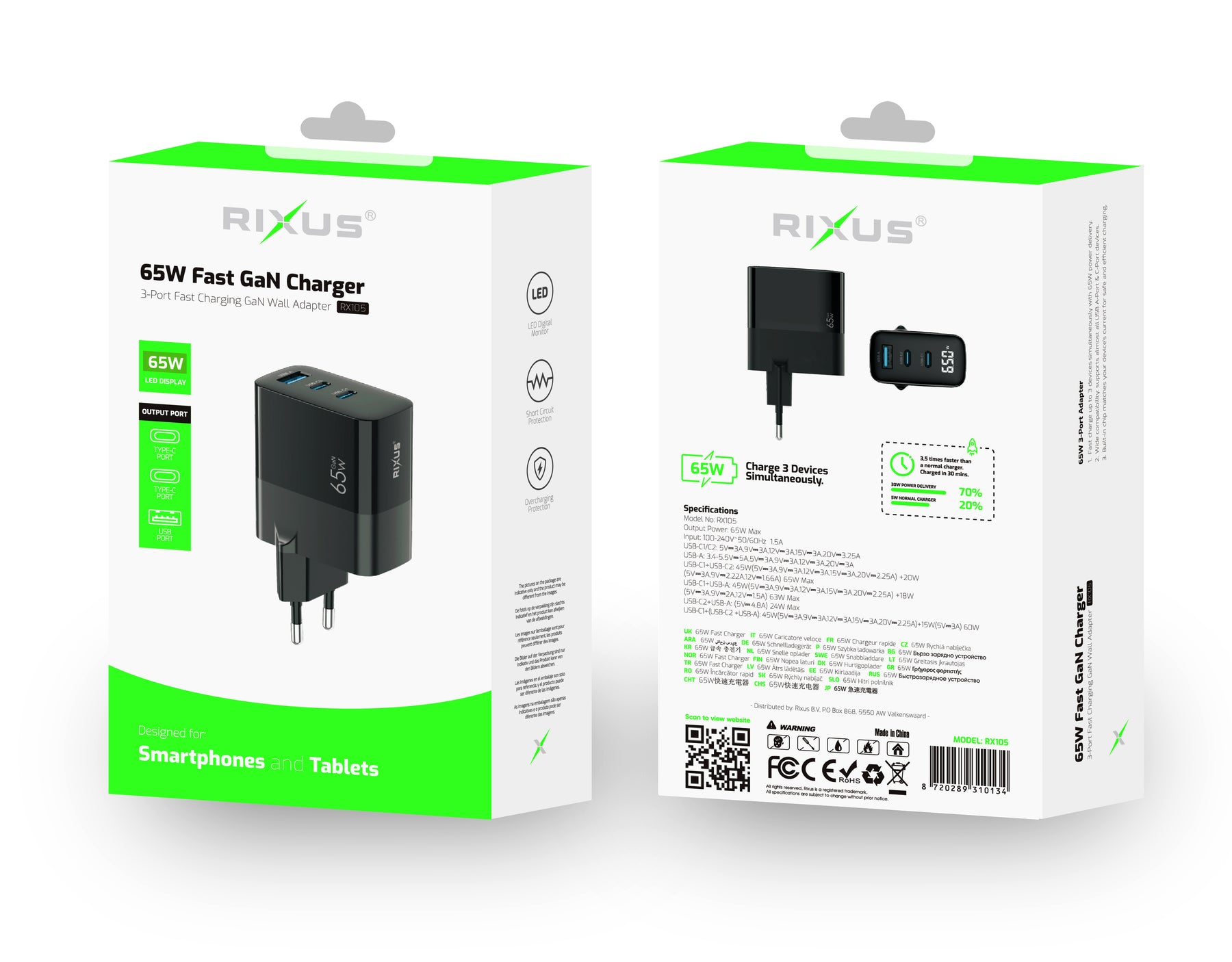 Rixus RX105 PD 65W Gan Charger Black