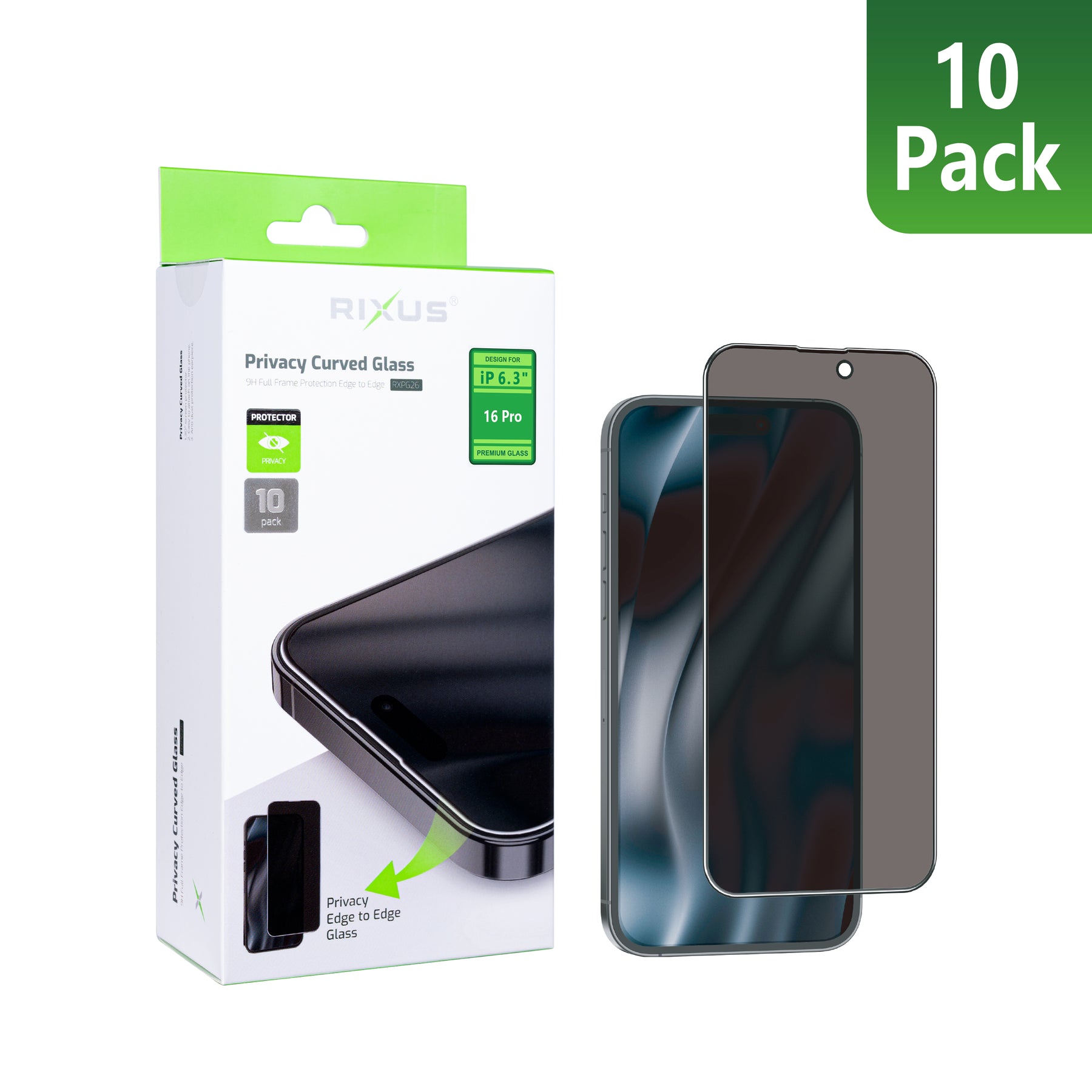 Rixus For iPhone 16 Pro Tempered Glass Curved Edge Privacy (10-Pack)