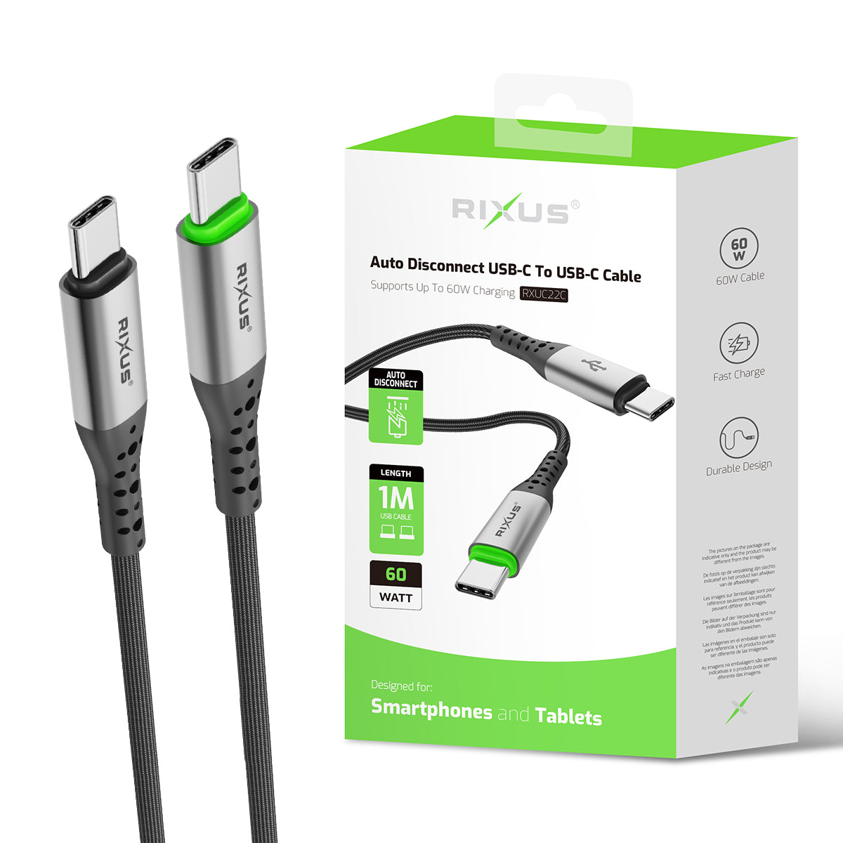 Rixus RXUC22C Auto Disconnect USB-C To USB-C Cable Black