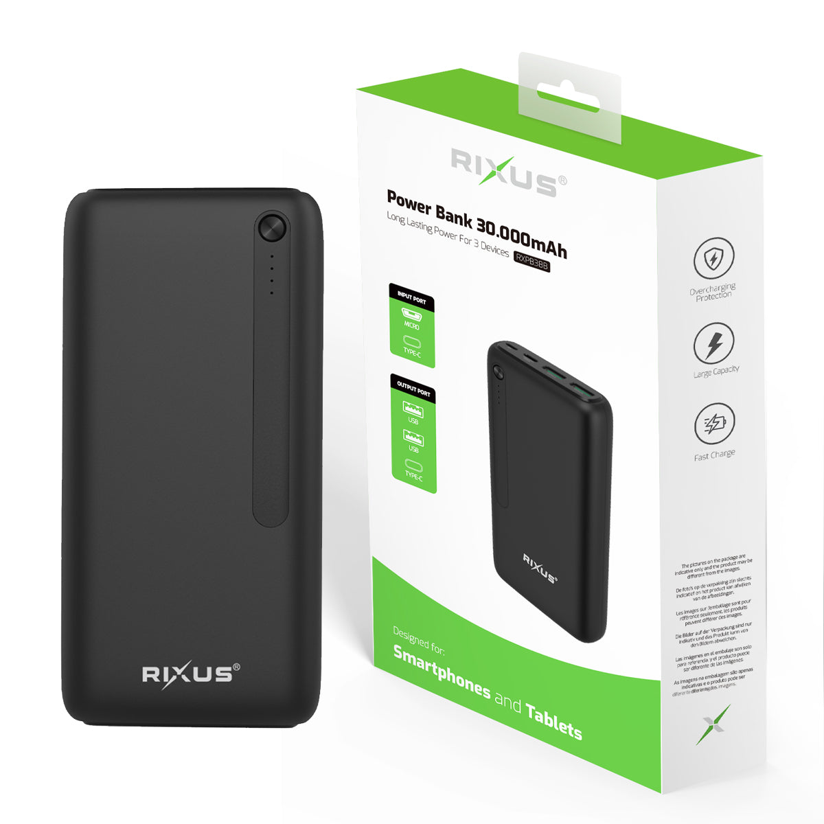 Rixus RXPB38B High Capacity Power Bank 30.000mAh Black