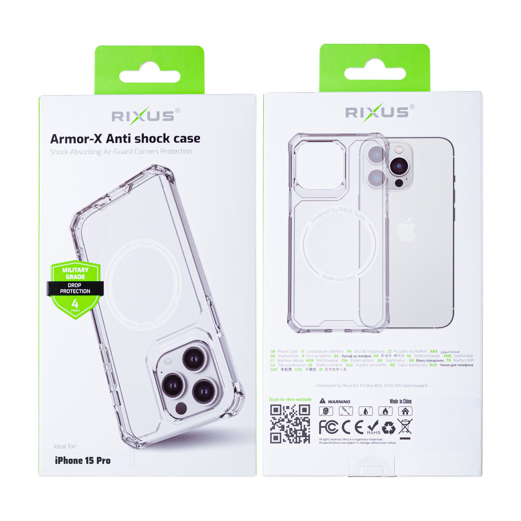 Rixus For iPhone 15 Pro Armor-X Anti Shock Case With MagSafe Transparent