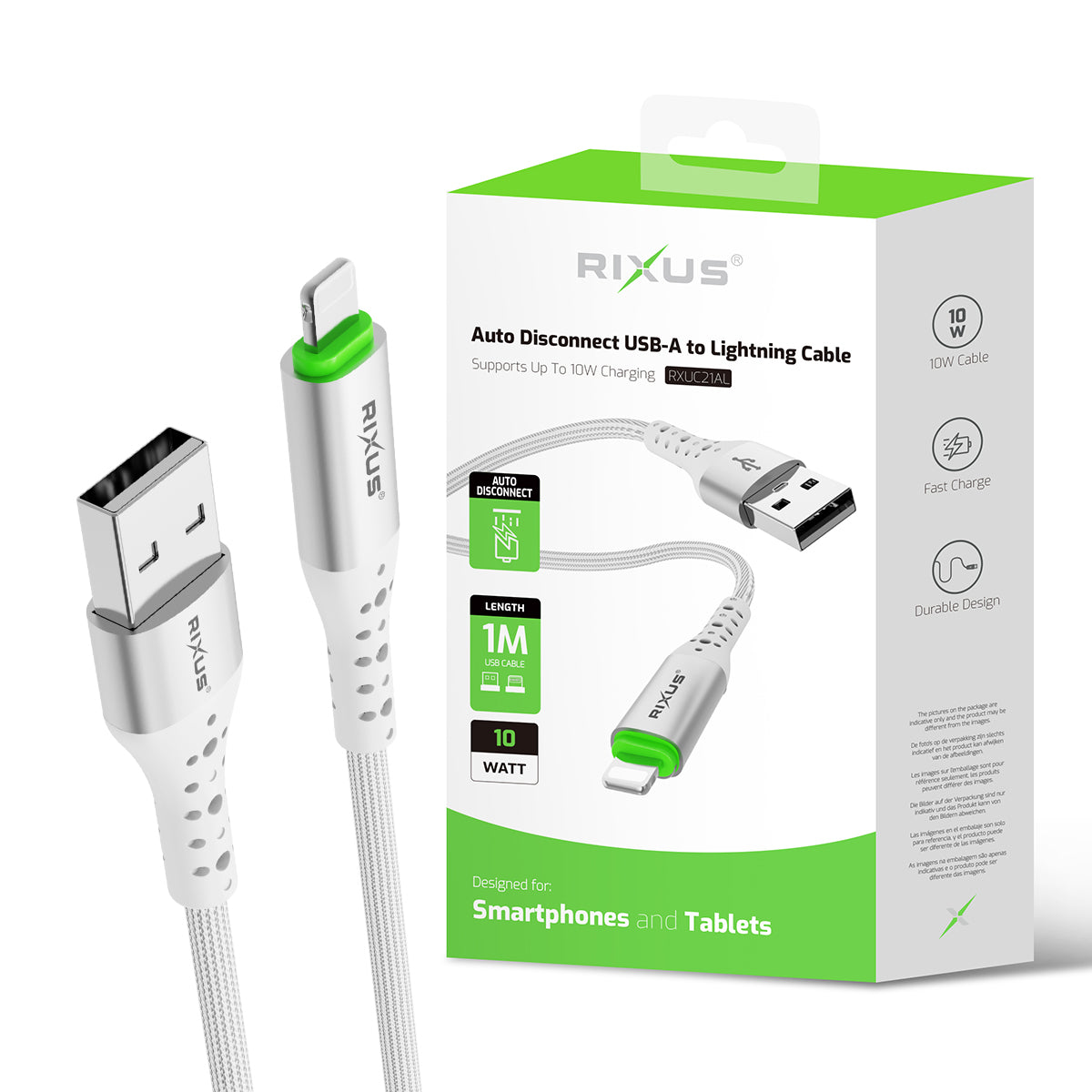 Rixus RXUC21AL Auto Disconnect USB-A To Lightning Cable White