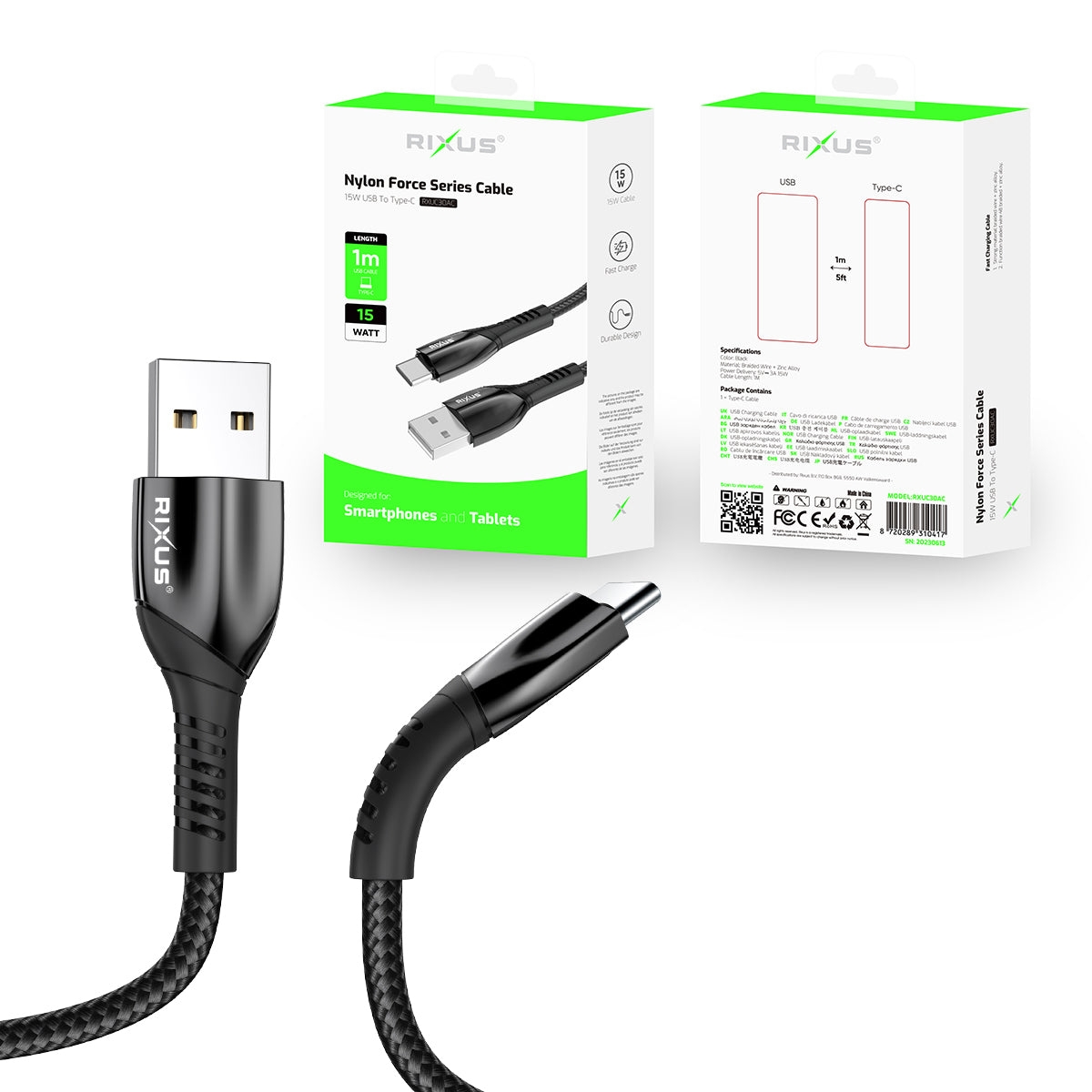 Rixus RXUC30AC Alloy USB To USB-C Data Cable 100CM Black