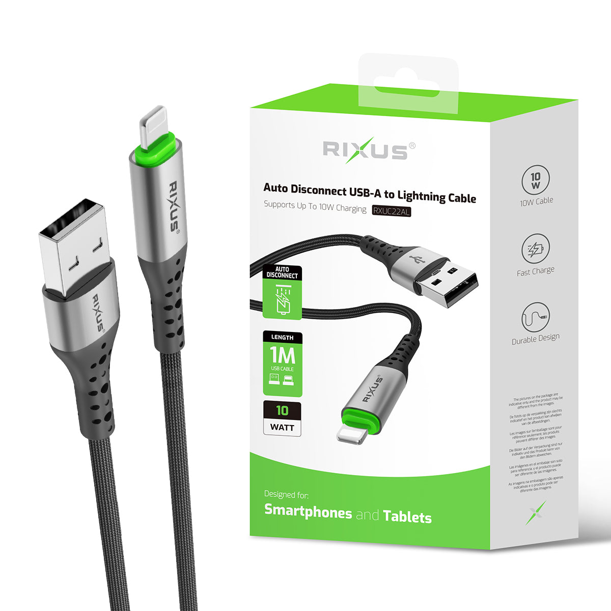 Rixus RXUC22AL Auto Disconnect USB-A To Lightning Cable Black