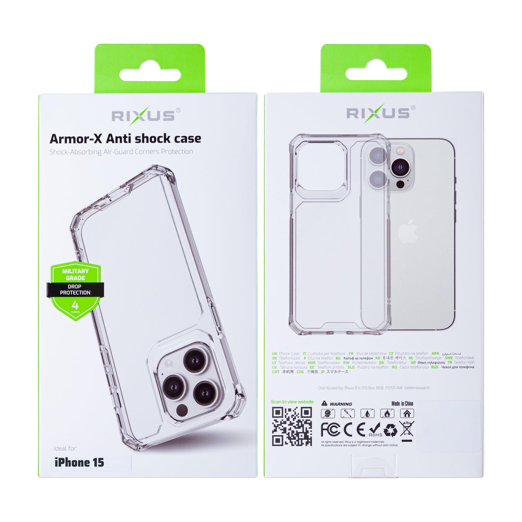 Rixus For iPhone 15 Armor-X Anti Shock Case Transparent