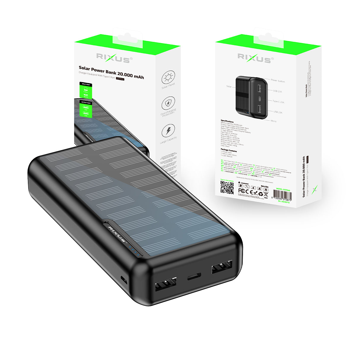 Rixus RXPB46 Solar Powerbank 20000 mAh Black