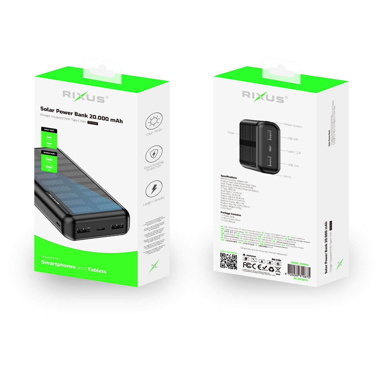 Rixus RXPB46 Solar Powerbank 20000 mAh Black