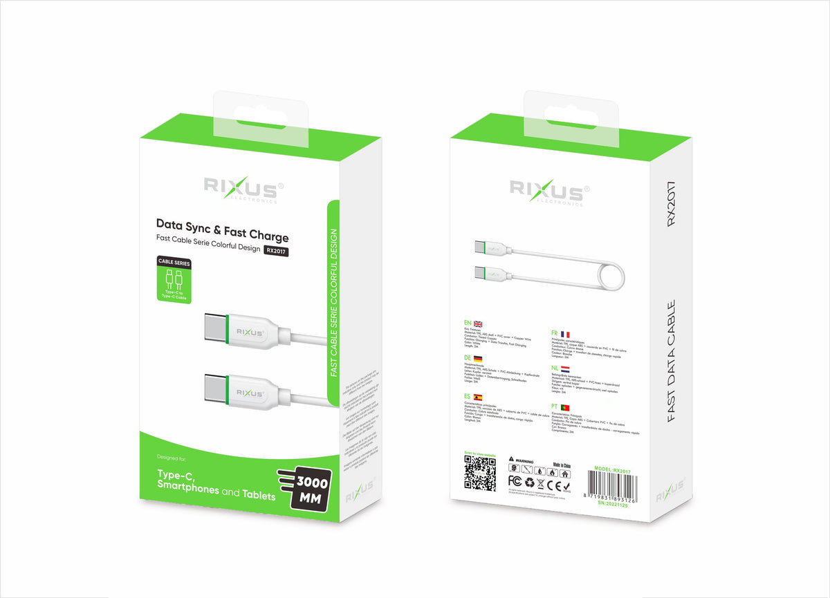 Rixus RX2017 Data Sync And Fast Charge Cable Type-C to Type-C 300CM