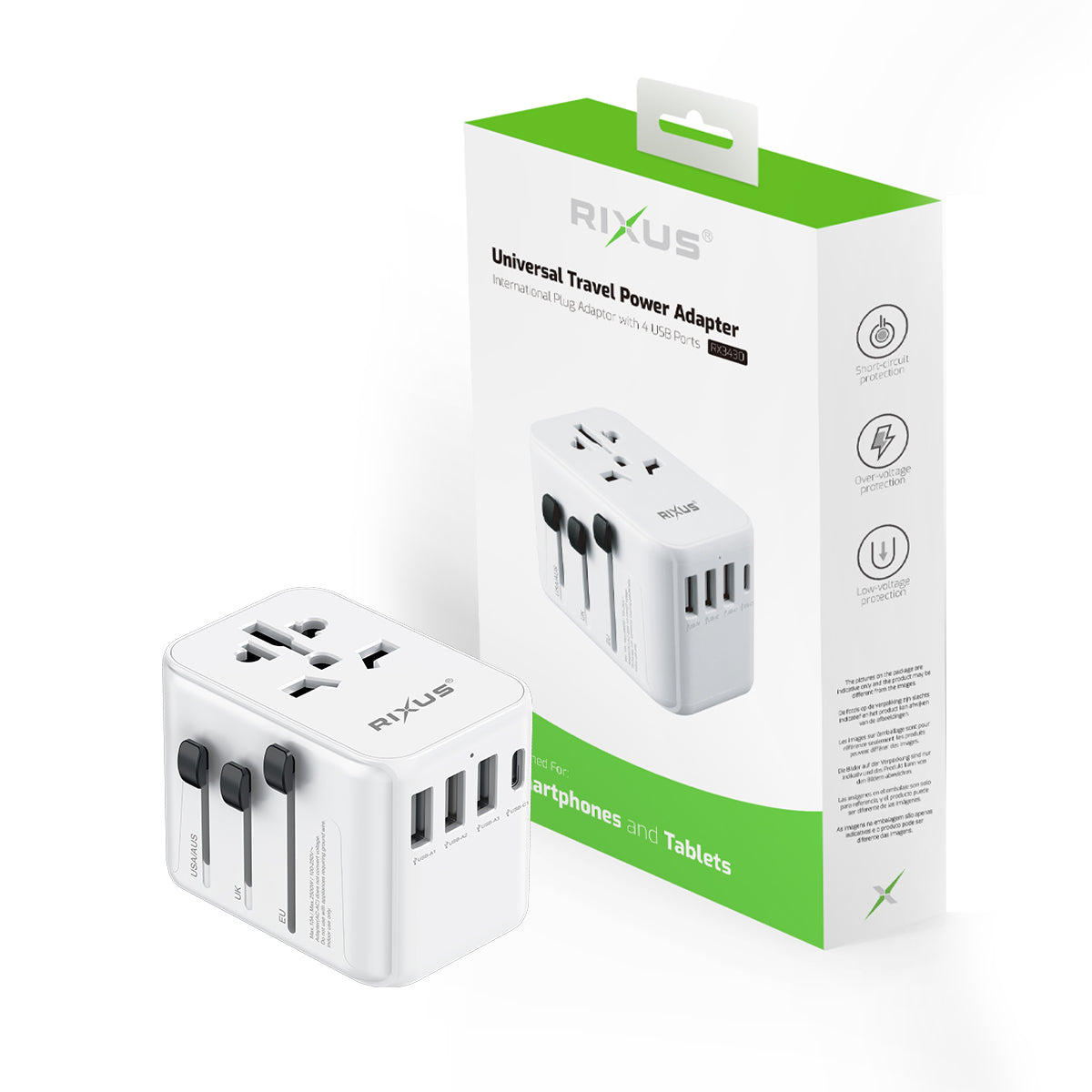 Rixus Worldwide Adapter With 3 USB Ports And 1 PD White