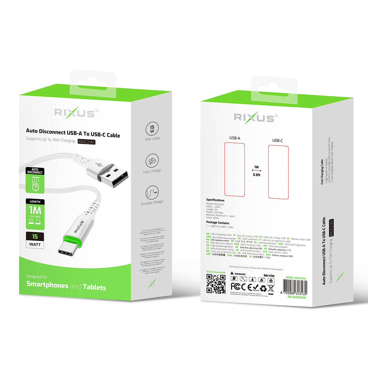 Rixus RXUC21AC Auto Disconnect USB-A To USB-C Cable White