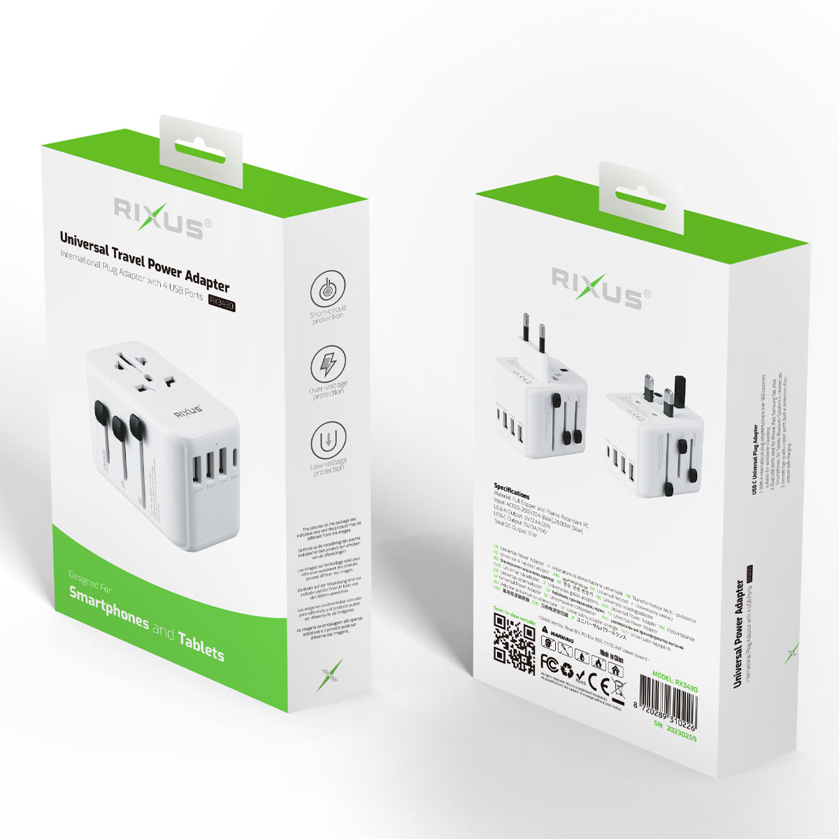 Rixus Worldwide Adapter With 3 USB Ports And 1 PD White