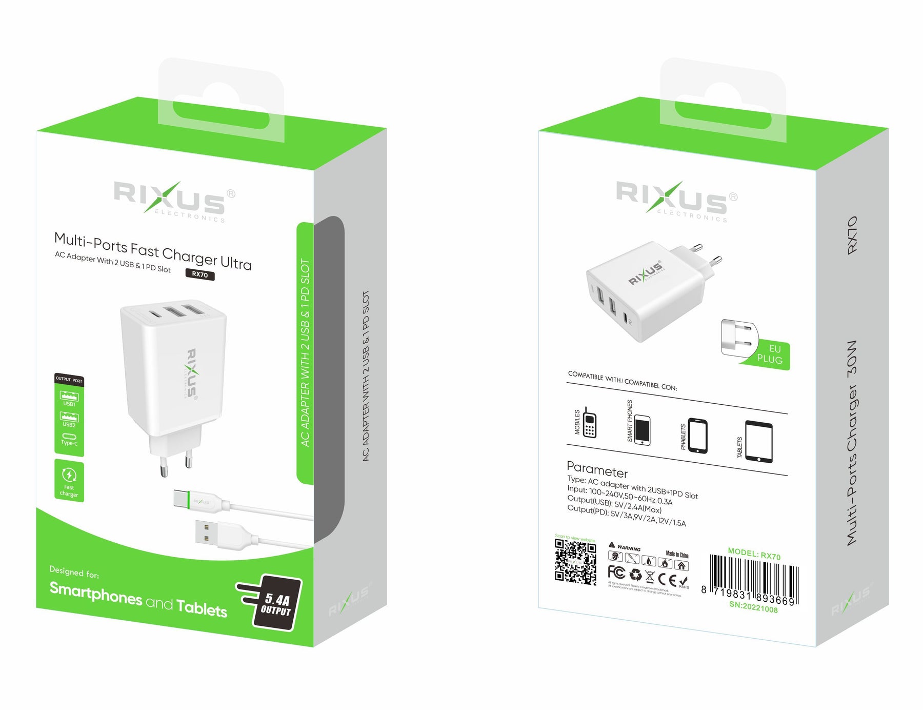 Rixus RX70 Multi-Ports Fast Charger Ultra 30W White