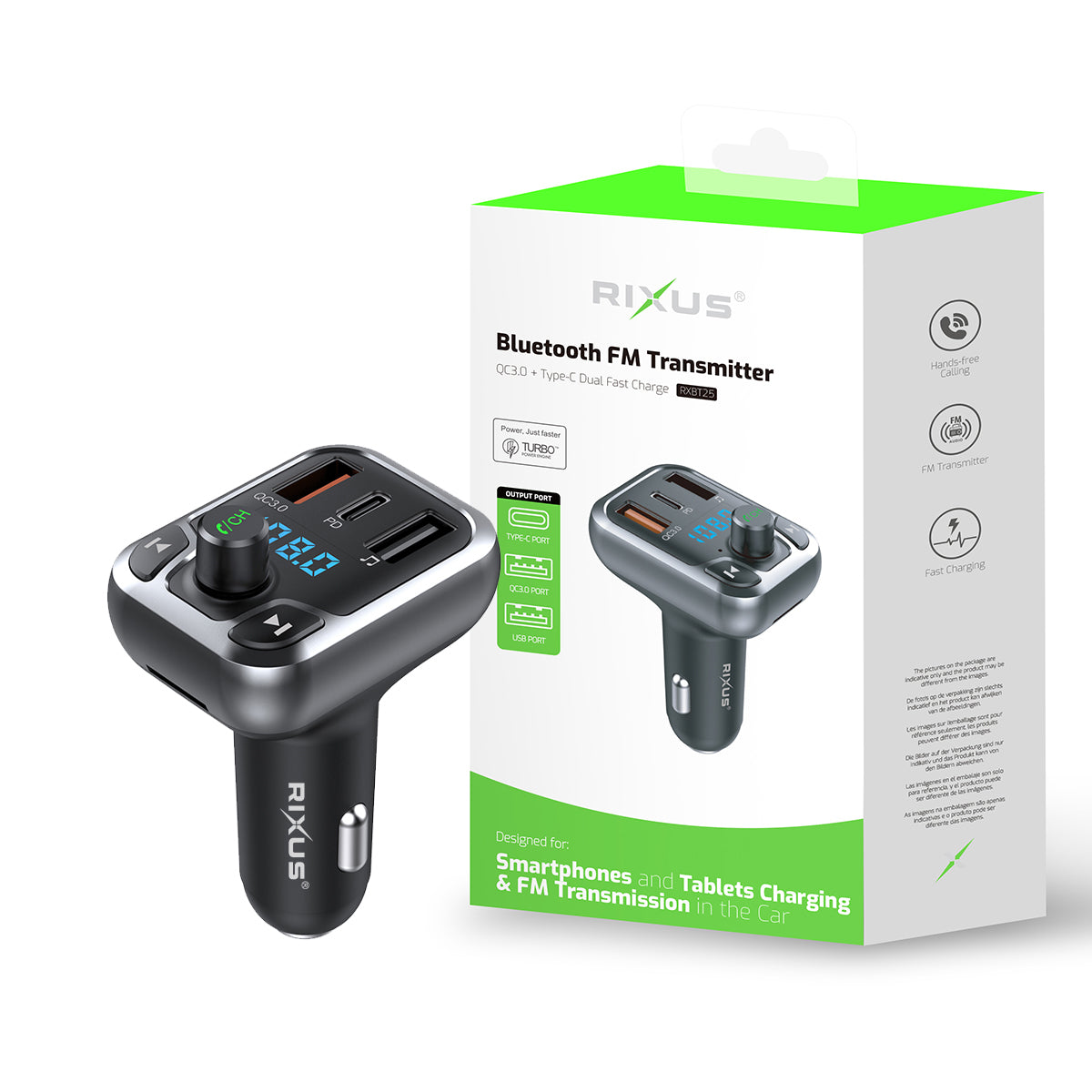 Rixus RXBT25 Bluetooth FM Transmitter QC 3.0 And Type C Dual Fast Charge