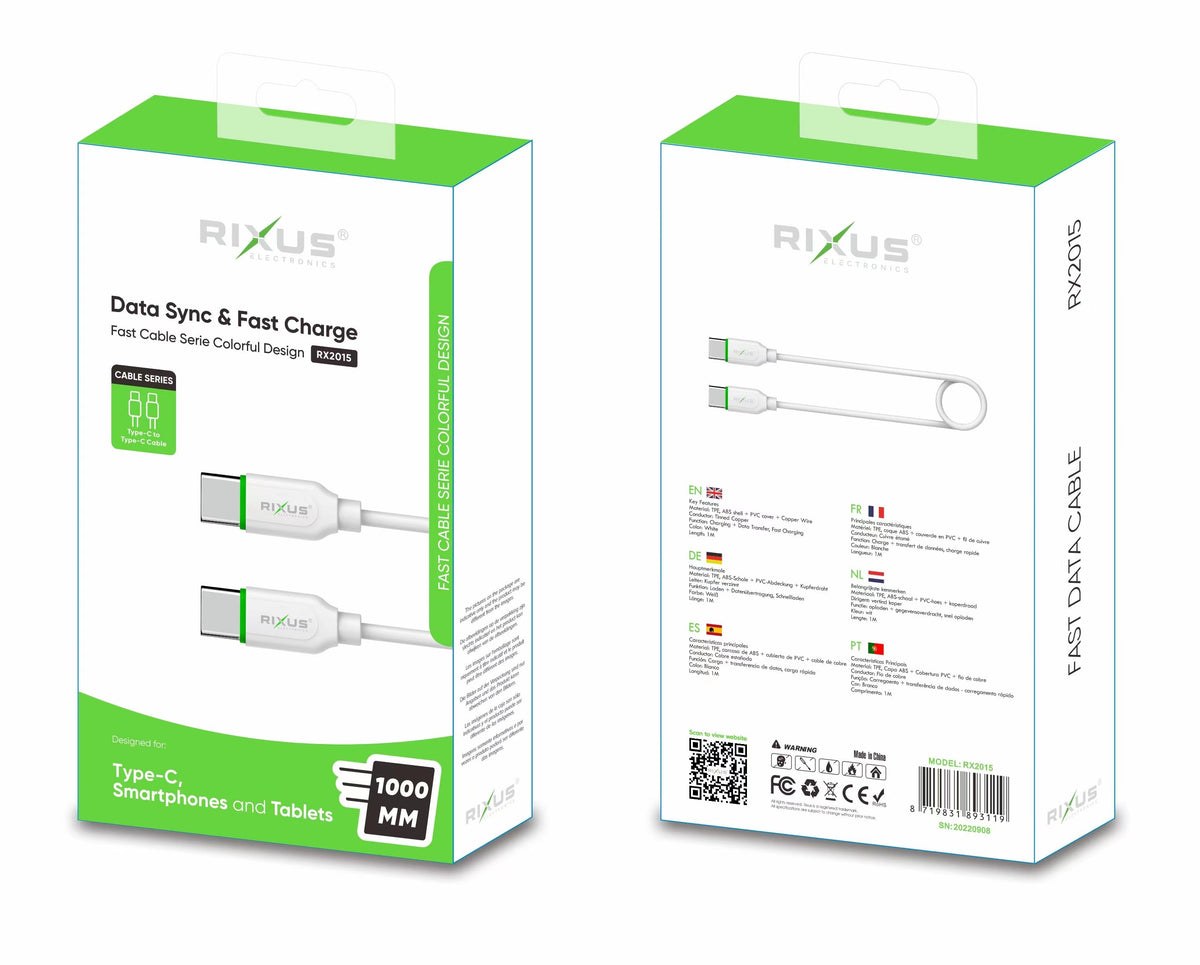 Rixus RX2015 Data Sync And Fast Charge Cable Type-C to Type-C 100CM