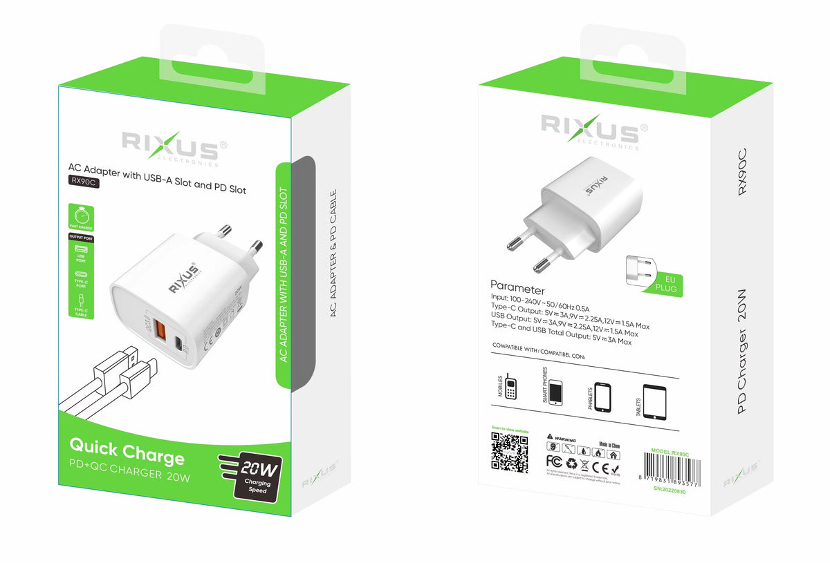 Rixus RX90C Quick Charge PD To Type C And USB Slot 20W